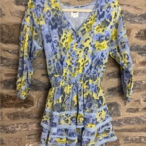 Aerie Blue and Yellow Patterned Dress with Ruffles X-Small